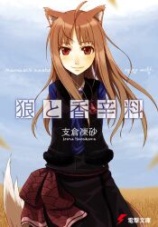 Rule 34 | 1girl, animal ear fluff, animal ears, arms behind back, ayakura juu, black skirt, black vest, blue shirt, blue sky, blush, brown hair, closed mouth, copyright name, cowboy shot, highres, holo, long hair, looking at viewer, official alternate costume, official art, pouch, red eyes, red sash, sash, shirt, skirt, sky, smile, solo, spice and wolf, tail, very long hair, vest, wheat field, wolf ears, wolf girl, wolf tail