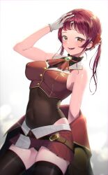 1girl absurdres ascot backlighting black_thighhighs blush breasts brooch covered_erect_nipples covered_navel glint gloves hand_on_own_head highres hololive houshou_marine jewelry jungki_dr looking_at_viewer open_mouth red_ascot red_ribbon ribbon sideboob solo thighhighs virtual_youtuber white_gloves