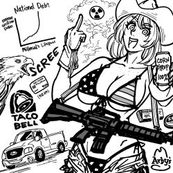 1girl absurdres american_flag american_flag_bikini american_flag_print ar-15 arby&#039;s bald_eagle bb_(baalbuddy) bikini bird breasts can cleavage cowboy_hat credit_card eagle english_text explosion flag_print flag_print_bikini ford ford_f-150 greyscale gun hat highres holding holding_can large_breasts middle_finger monochrome motor_vehicle nuclear_explosion original ozempic patriotism print_bikini radiation_symbol rifle solo swimsuit taco_bell truck united_states weapon zyn_(nicotine)