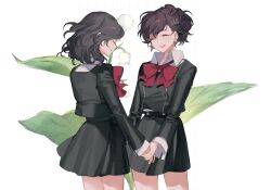 2girls black_hair black_skirt bow bowtie closed_eyes flower gekkoukan_high_school_uniform hair_ornament hairclip hasegawa_saori highres holding_hands jacket long_sleeves multiple_girls open_mouth parted_lips persona persona_3 persona_3_portable red_bow red_bowtie school_uniform shiomi_kotone simple_background skirt uxco0 white_flower