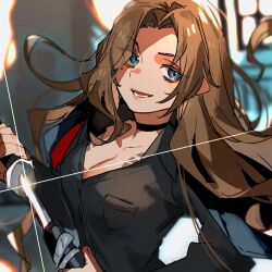 Rule 34 | 1girl, black choker, black shirt, blue eyes, breasts, brown hair, chest tattoo, choker, cleavage, collared shirt, hamelon310, highres, irezumi, katana, kurokumo clan (identity) (project moon), limbus company, long hair, long sleeves, looking at viewer, mole, mole under eye, open mouth, parted bangs, project moon, rodion (project moon), sheath, shirt, simple background, solo, sword, tattoo, unsheathing, upper body, weapon