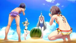 &gt;_&lt; 4girls antenna_hair arm_up armpits arms_up ass back backboob bare_shoulders barefoot beach bikini bikini_skirt black_bow blindfold blue_sky bow breasts brown_hair buried butt_crack chest_bow cleavage clenched_hand clenched_hands closed_eyes cloud cloudy_sky daitoku_junna day dimples_of_venus feet fist_pump flat_chest food foot_up frilled_bikini frilled_bikini_top frilled_one-piece_swimsuit frills from_behind front-tie_bikini_top front-tie_top fruit fukuda_tomonori game_cg grey_hair hair_bow highres holding holding_sword holding_weapon jumping kneepits koujiro_frau long_hair median_furrow medium_breasts multicolored_bikini multiple_girls multiple_hair_bows official_art one-piece_swimsuit open_mouth polka_dot polka_dot_bow purple_bikini purple_bow raised_fist ribbon robotics;notes robotics;notes_dash sand senomiya_akiho short_hair side-tie_bikini_bottom sideboob sky small_breasts smile soles squatting stick suikawari swimsuit sword teeth thick_thighs thighs toes tongue twintails upper_teeth_only very_long_hair watermelon weapon yellow_bikini yukifune_airi