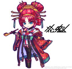 Rule 34 | 1girl, belt, black gloves, black thighhighs, blue eyes, buckle, chibi, coat, commentary request, datehyogo, full body, garter straps, gloves, hair ornament, holding, holding smoking pipe, kanzashi, kiseru, looking at viewer, nihongami, off shoulder, oiran, okobo, original, platform sandals, pouch, red coat, red hair, sandals, shingo (picturepuzzle), smoking pipe, snap-fit buckle, solo, standing, tabi, thighhighs, tsurime, unzipped, white background, yuujo, zipper, zipper pull tab