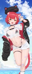 1girl :d animal_ears bandaid bandaid_on_knee bandaid_on_leg beret bikini black_bikini black_hat black_jacket black_nails blue_sky breasts cat_ears center-flap_bangs cleavage day front-tie_bikini_top front-tie_top hair_flaps hat highleg highleg_bikini highres jacket large_breasts long_sleeves looking_at_viewer multi-strapped_bikini_bottom multicolored_hair nail_polish navel nekota_tsuna no_shoes ocean open_clothes open_fly open_jacket open_mouth orange_eyes orange_hair red_hair red_jacket see-through_clothes see-through_shirt shirt short_hair short_shorts shorts sky smile socks solo standing standing_on_one_leg stomach streaked_hair swimsuit thigh_strap tied_shirt tojo_aoi two-sided_fabric two-sided_jacket virtual_youtuber vspo! white_shirt white_socks