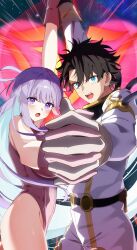 1boy 1girl absurdres bare_shoulders bb_(fate) bb_cosmo_(fate) black_hair blue_eyes blush commentary commission cowboy_shot english_commentary fate/grand_order fate_(series) fujimaru_ritsuka_(male) fujimaru_ritsuka_(male)_(captain_chaldea) g_gundam gundam heart highres holding_hands interlocked_fingers kpaoi leotard long_hair parody purple_eyes purple_hair scene_reference sekiha_love-love_tenkyoken short_hair skeb_commission