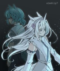 2girls ahoge animal_ears aqua_hair armband bandage_on_face bandages blue_eyes chereverie closed_mouth colored_eyelashes commentary corrupted_twitter_file cyan_(horse_race_tests) detached_sleeves dress english_commentary flower_hairband freckles frilled_sleeves frills grey_background hair_intakes hairband highres horse_ears horse_girl horse_race_tests horse_tail long_hair looking_back looking_to_the_side medium_hair mole mole_under_eye multiple_girls personification ponytail sailor_collar short_sleeves sidelocks sleeveless sleeveless_dress superstitional_realism tail unicorn_horn white_dress white_eyelashes white_hair white_sailor_collar