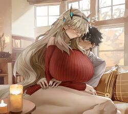 1boy 1girl bare_shoulders barghest_(fate) barghest_(like_a_lady)_(fate) bed black_hair blonde_hair blush breasts fate/grand_order fate_(series) fujimaru_ritsuka_(male) highres huge_breasts long_hair long_sleeves muscular muscular_female obazzotto off-shoulder_sweater off_shoulder pillow ribbed_sweater sweater thick_thighs thighs