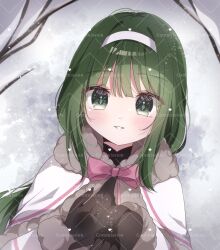 1girl adapted_costume assault_lily black_gloves blush bow bowtie branch capelet commentary_request commission fur-trimmed_capelet fur-trimmed_sleeves fur_trim gloves green_eyes green_hair hairband hand_on_own_chest hands_up hasebe_touka highres jacket long_hair looking_at_viewer lying mi_(unjour) on_back on_ground open_hand outdoors parted_lips pink_bow pink_bowtie skeb_commission smile snow snowing solo upper_body watermark white_capelet white_hairband white_jacket