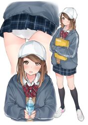 1girl baseball_cap black_socks blue_jacket blue_sky blush book bottle bow bowtie brown_eyes brown_hair brown_vest closed_mouth collared_shirt commentary_request diagonal-striped_bow diagonal-striped_bowtie diagonal-striped_clothes hat highres holding holding_book holding_bottle hood hooded_track_jacket jacket kneehighs long_hair long_sleeves looking_at_viewer manager miniskirt multiple_views open_clothes open_jacket open_mouth original panties pantyshot plaid_clothes plaid_skirt pleated_skirt red_bow red_bowtie sakura_no_tomoru_hi_e school_uniform shirt shoes skirt sky smile sneakers socks sports_drink standing striped_clothes swept_bangs track_jacket underwear vest water_bottle white_footwear white_headwear white_panties white_shirt