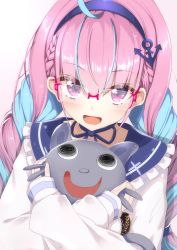 1girl :d absurdres ahoge blue_choker blue_hair blue_neckwear borumete braid cat choker creature french_braid frilled_shirt_collar frills from_above glasses gradient_background highres hololive hug jacket light_blush long_hair long_sleeves looking_at_viewer looking_up minato_aqua minato_aqua_(sailor) multicolored_hair neko_(minato_aqua) open_mouth path pink_hair portrait purple_eyes purple_hair rimless_eyewear road sailor_collar school_uniform serafuku sidelocks sleeves_past_wrists smile solo twin_braids twintails two-tone_hair upper_body virtual_youtuber white_jacket
