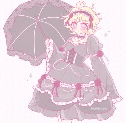 1boy absurdres ahoge beads black_choker black_corset black_dress black_flower black_ribbon black_umbrella blue_eyes blush choker closed_mouth collarbone corset crossdressing dress earrings flower frilled_choker frilled_sleeves frills gothic_lolita highres holding holding_umbrella jewelry lolita_fashion long_sleeves looking_at_viewer male_focus polka_dot polka_dot_background ribbon rinrin_(wuvpyon) short_hair south_park sparkle trap tweek_tweak umbrella watermark white_background wide_sleeves