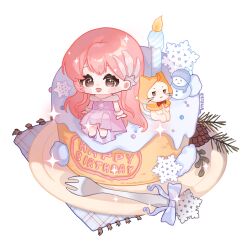 1girl :3 ahoge animal birthday birthday_cake blush_stickers bow bowtie brown_eyes cake candle cat chibi chinese_commentary cloak closed_mouth clothed_animal commentary_request dress ear_covers eeeestella eyelashes feather_hair_ornament feathers fire food fork fur-trimmed_dress fur_cuffs fur_sleeves fur_trim hair_ornament happy_birthday highres hood hood_up hooded_cloak long_dress long_hair looking_at_viewer momo_(nikki) napkin nikki_(nikki) nikki_(series) off-shoulder_dress off_shoulder on_food open_mouth oversized_food oversized_object pink_hair plate pleated_dress purple_dress purple_shoes red_bow red_bowtie shining_nikki shoes short_sleeves sidelocks signature simple_background sitting smile snowflakes snowman sparkle sparkling_eyes star_(symbol) star_hair_ornament tareme traditional_bowtie very_long_hair wavy_hair whiskers white_background white_cat white_sleeves white_wrist_cuffs wrist_cuffs yellow_cloak