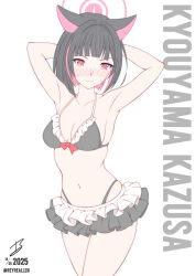 1girl 3: absurdres alternate_costume animal_ears armpits arms_behind_head averting_eyes bare_arms bare_shoulders bikini black_bikini black_hair blue_archive blunt_bangs blunt_ends blush bob_cut bow bow_bikini breasts bright_pupils cat_ears cat_girl character_name cleavage closed_mouth collarbone colored_inner_animal_ears colored_inner_hair commentary cowboy_shot embarrassed english_commentary frilled_bikini frills hair_intakes halo halterneck highleg highleg_bikini highres kazusa_(blue_archive) maid maid_bikini medium_breasts multicolored_hair navel nose_blush pink_hair pink_halo realen red_bow red_eyes short_hair signature simple_background skindentation solo split_mouth stomach straight_hair sweatdrop swimsuit twitter_username two-tone_hair unconventional_maid v-shaped_eyebrows white_background