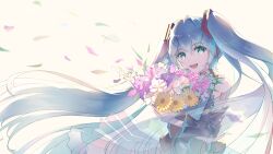 1girl aqua_eyes aqua_hair azzurra_stellare bouquet commentary flower hatsune_miku highres holding holding_bouquet long_hair looking_at_viewer open_mouth pink_flower smile solo sunflower translucent_hair twintails upper_body very_long_hair vocaloid white_background
