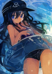 1girl absurdres akatsuki_(kancolle) anchor_symbol black_hair black_hat black_one-piece_swimsuit blue_eyes blue_one-piece_swimsuit blue_sky breasts closed_mouth commentary day flat_cap hair_between_eyes hat highres innertube kaamin_(mariarose753) kantai_collection long_hair looking_at_viewer one-piece_swimsuit outdoors school_swimsuit sky small_breasts solo swim_ring swimsuit wet