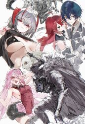 2boys 3girls armor black_souls black_souls_2 blue_hair breasts cape character_request clothes_lift copyright_request dies_irae dragon fujii_ren green_eyes knight lindamea_(black_souls) lotus_reichhart multiple_boys multiple_girls nazi pink_hair prickett_(black_souls) red_hair rusalka_schwagerin shinza_bansho_series shirt_lift ss_uniform suujiniku tagme