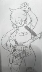 1girl 1shermieaday breasts cleavage earrings female_focus guitar instrument jewelry large_breasts long_hair musical_staff open_mouth pants piano piano_keys ponytail shermie_(kof) smile smiley_face standing the_king_of_fighters thick_thighs thighs twintails wide_hips