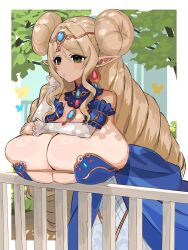 Rule 34 | 1girl, against railing, armband, bfmelu, blonde hair, blue dress, blue eyeshadow, breasts, bug, butterfly, chest jewel, cleavage, commission, detached collar, detached sleeves, diadem, double bun, dress, drill hair, drill sidelocks, earrings, eyeshadow, forehead jewel, frilled armband, frills, gigantic breasts, green eyes, hair bun, hand on own cheek, hand on own chest, hand on own face, insect, jewelry, lips, long hair, makeup, mole, mole under eye, original, outdoors, pointy ears, railing, sidelocks, skeb commission, sleeveless, sleeveless dress, solo, standing, strapless, strapless dress, tiara, very long hair, white sleeves