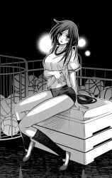 1girl arm_support ball basketball_(object) black_background black_hair black_socks blush breasts buruma chaos;child collarbone eibon fingernails floor from_side greyscale groin gym_shirt gym_storeroom gym_uniform head_tilt highres hurdle impossible_clothes kneehighs kunosato_mio lifting_own_clothes long_hair long_sidelocks looking_to_the_side mat medium_breasts messy_hair midriff midriff_peek monochrome red_buruma shirt shoes short_sleeves sidelocks sitting socks solo thick_thighs thighs vaulting_horse very_long_hair white_shirt white_shoes