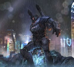 artillery ballistic_mortar_cannons blood blurry bokeh cannon cityscape corpse coyote_tango depth_of_field jaeger_(pacific_rim) kaiju legendary_pictures mecha mecha_focus monster mortar_(weapon) no_humans pacific_rim pan_pacific_defense_corps photo_background rain realistic robot science_fiction shoulder_cannon shoulder_gun skyline sunkist