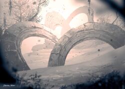 bare_tree bush day dead_plants final_fantasy final_fantasy_xiv fog hill monument no_humans shadow snow snowing solo sunlight tree yabuka_shiwa