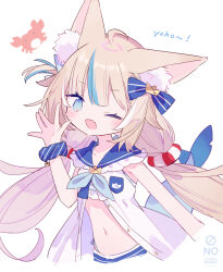 Rule 34 | 1girl, ahoge, animal ears, bikini, bikini under clothes, blonde hair, blue bikini, blue eyes, blue hair, breasts, cat ears, dress, fang, fins, fish girl, fish tail, highres, indie virtual youtuber, light blush, long hair, looking at viewer, low twintails, mizumizu (phoenix), multicolored hair, navel, one eye closed, one side up, sameko saba, skin fang, sleeveless, sleeveless dress, small breasts, smile, solo, streaked hair, swimsuit, tail, twintails, very long hair, virtual youtuber, waving, white dress