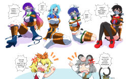 6+girls absurdres anger_vein angry bdsm black_hair blue_capelet blue_eyes blue_hair bondage bound capelet cloth_gag commission english_text gag gagged gradient_hair green_eyes hat highres hijiri_byakuren houjuu_nue improvised_gag kumoi_ichirin looking_at_viewer muffled multicolored_hair multiple_girls murasa_minamitsu nazrin over_the_nose_gag purple_eyes purple_hair rakkidei red_eyes rope sailor_collar sailor_hat toramaru_shou touhou