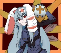 1girl @_@ ahoge bandages blood bloody_bandages blue_hair border cosplay fang gabriel_(ultrakill) hair_between_eyes highres indie_virtual_youtuber joints light_blue_hair long_hair looking_at_viewer mechanical_wings noiriririri para_(vtuber) red_background red_eyes robot_joints sidelocks skin_fang spread_wings thick_eyebrows ultrakill v1_(ultrakill) v1_(ultrakill)_(cosplay) very_long_hair wings yellow_border