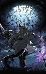 1girl absurdres animal aqua_eyes arknights armband bird black_armband black_bird black_horns black_pantyhose black_tail cloud crow fire flame-tipped_tail from_behind full_body hashtag-only_commentary highres holding horns jacket long_hair long_sleeves looking_at_viewer looking_back necrass_(arknights) night outdoors pantyhose purple_fire shikyou_yoru solo standing tail too_many too_many_birds tornado turning_head white_hair white_jacket wind