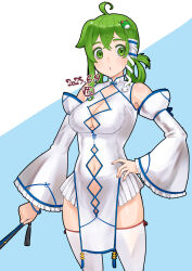1girl ahoge alternate_costume alternate_hairstyle blush breasts china_dress chinese_clothes cleavage cleavage_cutout clothing_cutout commentary_request cowboy_shot crossed_bangs dated detached_sleeves dress folding_fan frilled_sleeves frills frog_hair_ornament green_eyes green_hair hair_ornament hair_rings hair_tubes hand_fan hand_on_own_hip highres holding holding_fan kei_jiei kochiya_sanae long_hair looking_at_viewer medium_breasts navel_cutout no_panties open_mouth sidelocks single_hair_tube skirt snake_hair_ornament solo thighhighs touhou two-tone_background white_dress white_skirt white_sleeves white_thighhighs wide_sleeves