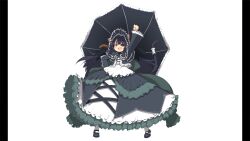 1girl absurdres animal_ears animal_hood black_dress black_hair black_shoes black_umbrella blunt_bangs cat_ears cat_hood cat_ornament cat_tail dress eyepatch fang frills gothic_lolita highres holding hood light_frown lolita_fashion long_hair long_sleeves mirai_(senran_kagura) non-web_source official_art open_mouth pillarboxed raised_fist red_eyes senran_kagura senran_kagura_burst shoes socks solo tail umbrella white_background white_socks yaegashi_nan