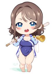1girl barefoot blue_eyes blue_jacket blue_one-piece_swimsuit bokken breasts brown_hair commentary commission competition_swimsuit covered_navel full_body highleg highleg_one-piece_swimsuit highres holding iroquoisdomi jacket looking_at_viewer love_live! love_live!_sunshine!! medium_breasts megaphone one-piece_swimsuit open_clothes open_jacket open_mouth round_teeth short_hair simple_background solo swimsuit sword teeth thigh_gap thighs upper_teeth_only watanabe_you weapon white_background wooden_sword