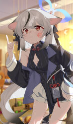 1girl :t absurdres black_dress black_hair blue_archive blue_halo breasts brown_eyes cleavage cleavage_cutout clothing_cutout commentary_request dress grey_hair halo highres index_finger_raised kokona_(blue_archive) long_hair multicolored_hair pelvic_curtain skirt small_breasts streaked_hair tears thighs wako_(1194433260) white_skirt