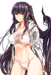 1girl bra breasts closed_mouth cowboy_shot hair_wings hood hood_down hooded_jacket jacket komota_(kanyou_shoujo) large_breasts long_hair original panties pink_panties purple_hair red_eyes simple_background solo underwear very_long_hair white_background white_bra white_jacket