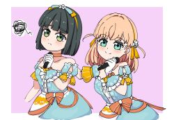 2girls :t aqua_eyes bare_shoulders black_hair blunt_bangs blunt_ends blush bob_cut border bow_hairband breasts celebration!_(love_live!) cerise_bouquet choker closed_mouth collarbone commentary cowboy_shot crossed_bangs detached_sleeves dress flower flower_hairband frilled_gloves frills frown gloves green_eyes hair_intakes hair_ornament hairband hashtag-only_commentary highres hinoshita_kaho holding holding_microphone link!_like!_love_live! love_live! medium_breasts medium_hair microphone momose_ginko multiple_girls orange_choker orange_hair orange_hairband outside_border pink_background puffy_short_sleeves puffy_sleeves raised_inner_eyebrows revision sen_yousoro short_hair short_sleeves simple_background smile split_mouth squiggle strapless strapless_dress twitter_username two_side_up virtual_youtuber white_border white_flower white_gloves