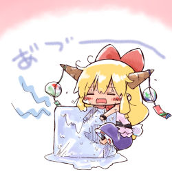 blonde_hair blush closed_eyes horn_ornament horns ibuki_suika ice ice_cube kasuga_yuuki long_hair ribbon skirt solo sweat touhou wavy_mouth