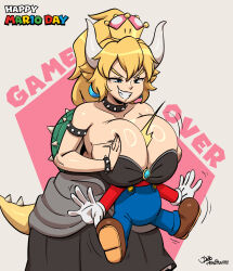 1boy 1girl armlet artist_name bare_shoulders between_breasts black_dress blonde_hair blue_eyes bowsette bracelet breasts choker collarbone cowboy_shot dated dress earrings genderswap genderswap_(mtf) gloves grey_background grin highres horns huge_breasts jewelry joao_pereira long_hair mario mario_(series) new_super_mario_bros._u_deluxe nintendo overalls pink_background ponytail red_shirt shirt size_difference smile spiked_armlet spiked_bracelet spiked_choker spiked_shell spiked_tail spikes standing super_crown tail teeth white_gloves