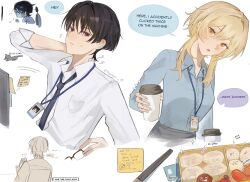 Rule 34 | 1boy, 1girl, ^^^, alternate costume, alternate universe, arm behind head, bento, bespectacled, black cat, black hair, black necktie, blonde hair, blue shirt, breast pocket, brown-framed eyewear, cat, choppy bangs, chopsticks, collarbone, collared shirt, contemporary, cup, disposable coffee cup, disposable cup, dumpling, eyelashes, food, formal clothes, genshin impact, glasses, grey jacket, grey skirt, hair between eyes, hair intakes, highres, holding, holding cup, holding removed eyewear, id photo, jacket, koyaaya, lanyard, long sleeves, looking at viewer, lower teeth only, lumine (genshin impact), necktie, onigiri, open mouth, pencil skirt, pocket, police, purple eyes, reading, rimless eyewear, salaryman, sauce, sausage, scaramouche (cat) (genshin impact), scaramouche (genshin impact), semi-rimless eyewear, shirt, short hair, short hair with long locks, sidelocks, sitting, skirt, sweatdrop, teeth, three-quarter sleeves, tongue, twitter username, typing, unworn eyewear, unworn jacket, white background, white shirt, white sleeves