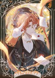 1boy absurdres alstroemeria_(flower) black_border black_cape black_hat black_jacket black_vest border buttons cape chinese_commentary closed_mouth curtained_hair domino_mask double-breasted earrings english_text flower flying_paper gem gloves green_eyes half_mask hat highres jacket jewelry letter light_and_night_love long_sleeves looking_at_viewer male_focus mask moon_phases mouth_hold necklace one_eye_covered orange_gemstone orange_hair orange_ribbon ornate_border outside_border paper parted_bangs ribbon salute shirt short_hair sideways_glance single_earring sky sleeve_cuffs smile snow234 solo star_(sky) starry_sky top_hat two-finger_salute upper_body vest wax_seal white_gloves white_shirt xia_mingxing yellow_flower