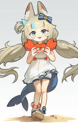 1girl :d animal animal_ear_fluff animal_ears anklet blonde_hair blue_bow blue_eyes blue_hair blue_nails bow cat_ears crab crying daku_k deformed dress fins fish_tail full_body grey_background hair_bow highres holding holding_animal indie_virtual_youtuber jewelry kaniki_(sameko_saba) long_hair looking_at_viewer low_twintails multicolored_hair open_mouth sameko_saba sand sandals smile solo streaked_hair streaming_tears tail tears twintails very_long_hair virtual_youtuber white_dress