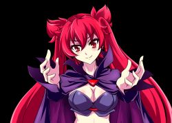 1girl 2017 arcana_heart artist_request black_background blush bra breasts cape chinese_commentary cleavage detached_sleeves highres long_hair looking_at_viewer midriff outstretched_arms pixiv3297781 purple_bra purple_cape red_eyes red_hair scharlachrot solo twintails underwear upper_body v-shaped_eyebrows
