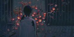 Rule 34 | 1boy, black fur, black hair, collared shirt, flower, from behind, iron bars, machinery, male focus, mouse (animal), original, overgrown, red flower, rknrk, shirt, short hair, solo, teeth, upper body, white shirt