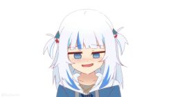 &gt;_&lt; 1girl :o animal_hood animated audible_music audible_speech blue_eyes blue_hair blue_hoodie blunt_bangs cars_(movie) clenched_teeth commentary crocs dudul english_audio english_commentary fang female_focus gawr_gura gawr_gura_(1st_costume) grey_hair grin hair_ornament half-closed_eyes hand_up highres hololive hololive_english hood hoodie laughing lightning_mcqueen looking_at_viewer looking_down meme multicolored_hair nice_cock_(meme) shark_hair_ornament simple_background skin_fang smile solo sound streaked_hair tagme teeth thumbs_up two_side_up upper_body video virtual_youtuber white_background