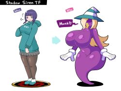 Rule 34 | 1girl, before and after, blonde hair, breasts, colored skin, corruption, dark persona, ghost tail, gloves, green jacket, hair over eyes, hat, highres, hood, hoodie, izumi (izumi frog), jacket, large breasts, long hair, mario (series), miniskirt, monsterification, multiple girls, nintendo, no nipples, nude, open mouth, original, pantyhose, paper mario, plump, purple skin, shadow siren, skirt, striped clothes, striped headwear, transformation, white gloves, witch hat