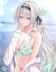 1girl absurdres aqua_bikini belly bikini black_hairband blue_pupils blush breasts cleavage closed_mouth firefly_(honkai:_star_rail) flower_bikini gradient_eyes gradient_hair hair_between_eyes hair_intakes hair_ornament hair_ribbon hairband hand_on_own_chin highres honkai:_star_rail honkai_(series) large_breasts loose_clothes millchi multicolored_eyes multicolored_hair navel ribbon ribbon-trimmed_bikini ribbon_trim smile solo swimsuit two-tone_eyes water