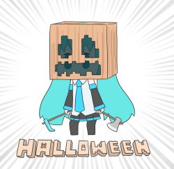 1girl absurdres aqua_eyes aqua_hair axe black_legwear black_skirt black_sleeves blue_necktie chibi commentary creeper detached_sleeves diamond_hoe dual_wielding emphasis_lines flat_color grey_shirt halloween hatsune_miku hatsune_negame highres hoe holding holding_axe jack-o&#039;-lantern minecraft minecraft_axe miniskirt necktie pleated_skirt pumpkin_mask shirt skirt sleeveless sleeveless_shirt solid_oval_eyes solo standing twintails vocaloid