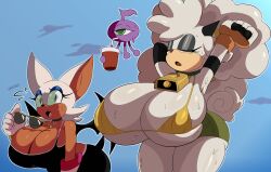 2girls absurdres animal_ears bat_girl bat_tail bat_wings bell bikini bikini_top_only breast_envy breasts cleavage closed_eyes cyberlord1109 dark-skinned_female dark_skin eyelashes fangs fingerless_gloves furry furry_female gloves green_eyes highres horns huge_breasts jewelry lanolin_the_sheep multiple_girls necklace rouge_the_bat sega sheep_ears sheep_girl sheep_horns short_shorts shorts sonic_(series) sonic_the_hedgehog_(idw) sports_bra stretching sunglasses sweat swimsuit white_fur white_hair wings wisp_(sonic)