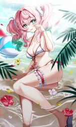 1girl absurdres aqua_eyes aqua_hair aqua_nails ball beach beachball bikini breasts commentary_request crab flower frilled_thigh_strap highres honkai:_star_rail honkai_(series) hyacine_(honkai:_star_rail) lying maru_(est3562) medium_breasts medium_hair multicolored_hair on_side pink_hair sandals solo swimsuit thigh_strap twintails two-tone_hair wavy_mouth wet white_bikini