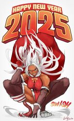 1girl 2025 absurdres animal_ear_piercing animal_ears arm_up artist_name bag bare_shoulders black_gloves black_thighhighs boku_no_hero_academia breasts commentary covered_navel curtained_hair dark-skinned_female dark_skin elbow_gloves english_text floating_hair full_body fur-trimmed_gloves fur-trimmed_leotard fur-trimmed_thighhighs fur_trim gloves grin happy_new_year highres holding holding_bag large_breasts lazy_ikeda leotard long_hair looking_at_viewer mirko muscular muscular_female new_year orange_ribbon prosthesis prosthetic_leg rabbit_ears rabbit_girl red_bag red_eyes red_leotard ribbon scar scar_on_face simple_background leotard smile solo squatting teeth thighhighs very_long_hair white_background white_hair