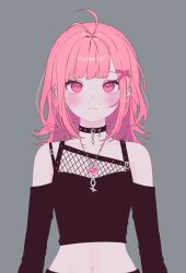 Rule 34 | 1girl, 23i2ko, antenna hair, black arm warmers, black tube top, blunt bangs, blush, choker, commentary, cross, cross necklace, english commentary, hair ornament, heart, heart necklace, jewelry, light frown, looking at viewer, medium hair, midriff, necklace, original, pink hair, sidelocks, solo, strapless, tube top, upper body, x hair ornament